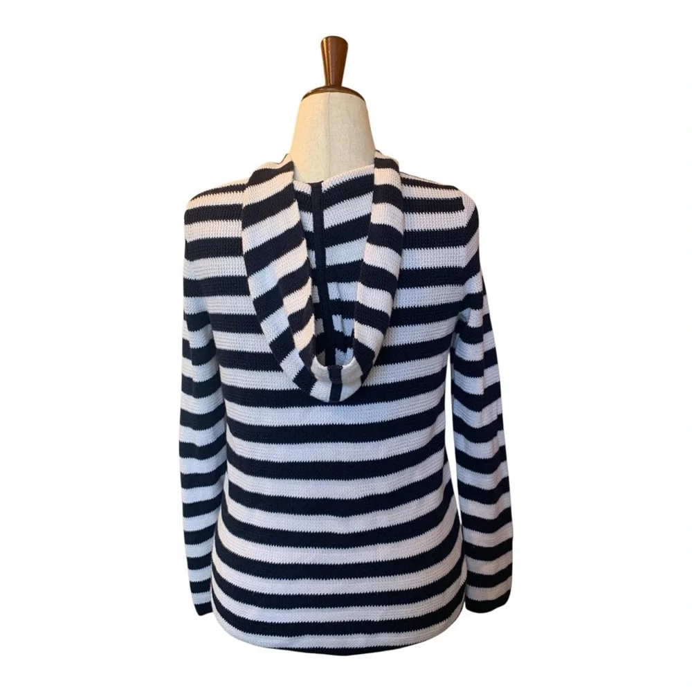 Talbots Navy Ivory Striped V-Neck Cotton Blend Sweater Hood Pull-Over Size MP‎